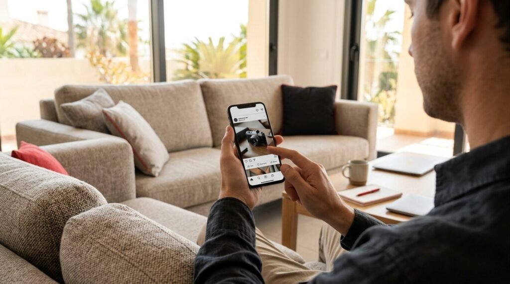 Person scrolling a social media feed on a smartphone with a sponsored post visible