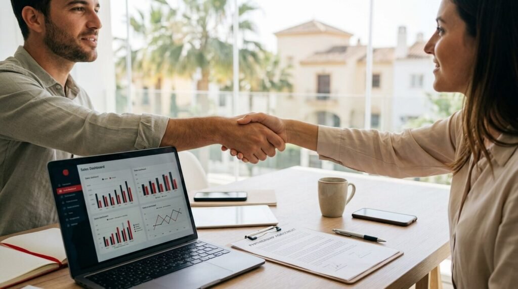 Dos profesionales dándose la mano sobre un portátil con un panel de ventas