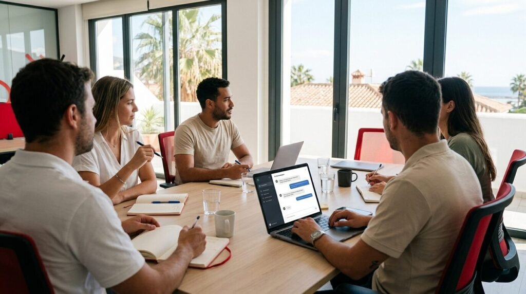 Marketing team discussing work around laptops with an AI assistant on screen