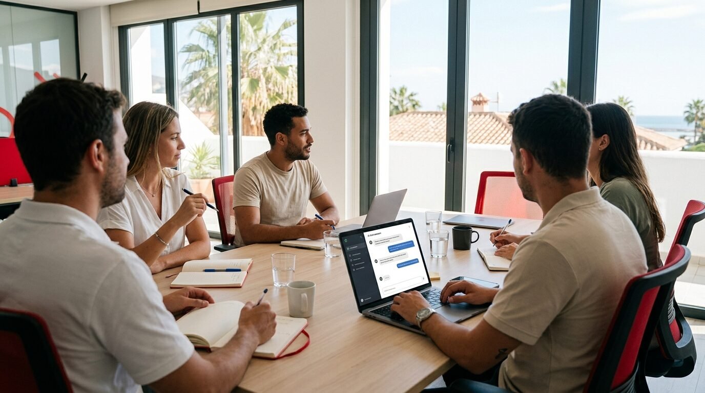 Marketing team discussing work around laptops with an AI assistant on screen