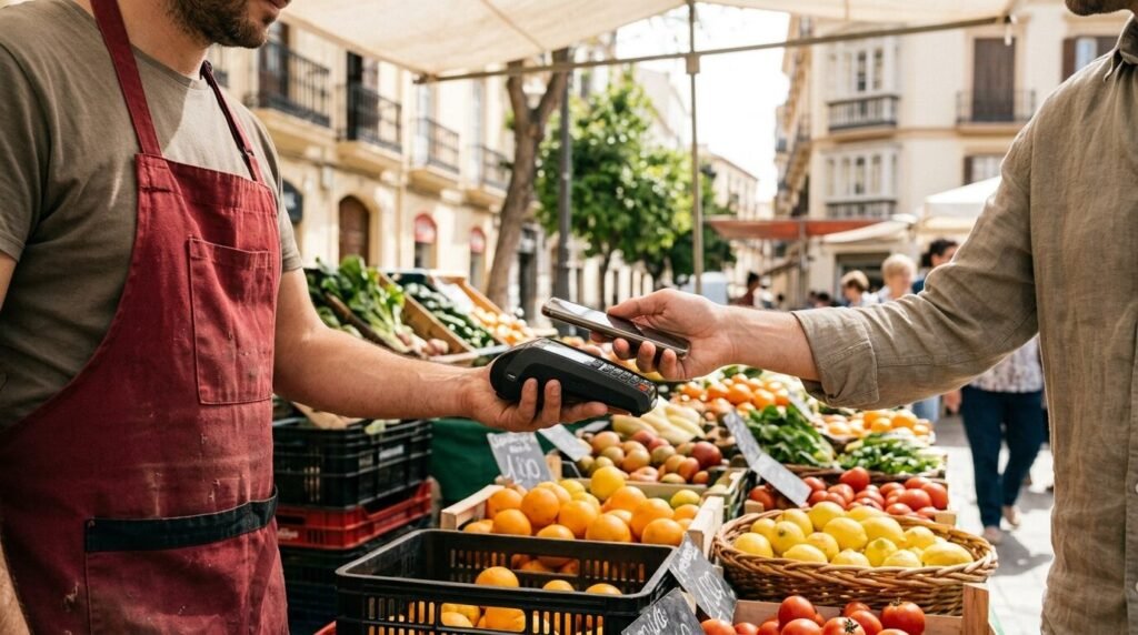 Market vendor taking a contactless phone payment with a handheld terminal