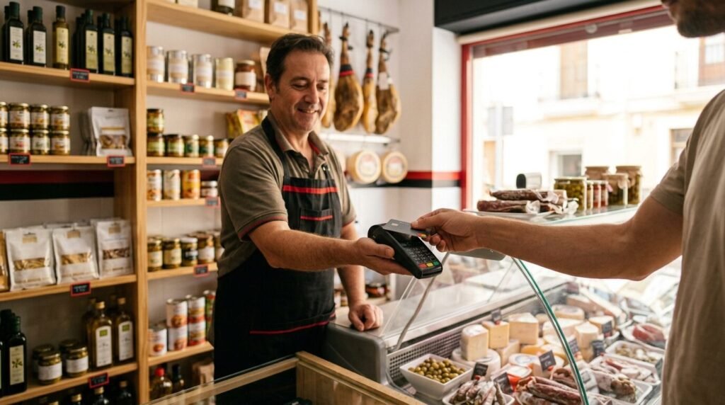 Shop owner holding a card terminal while a customer pays contactless