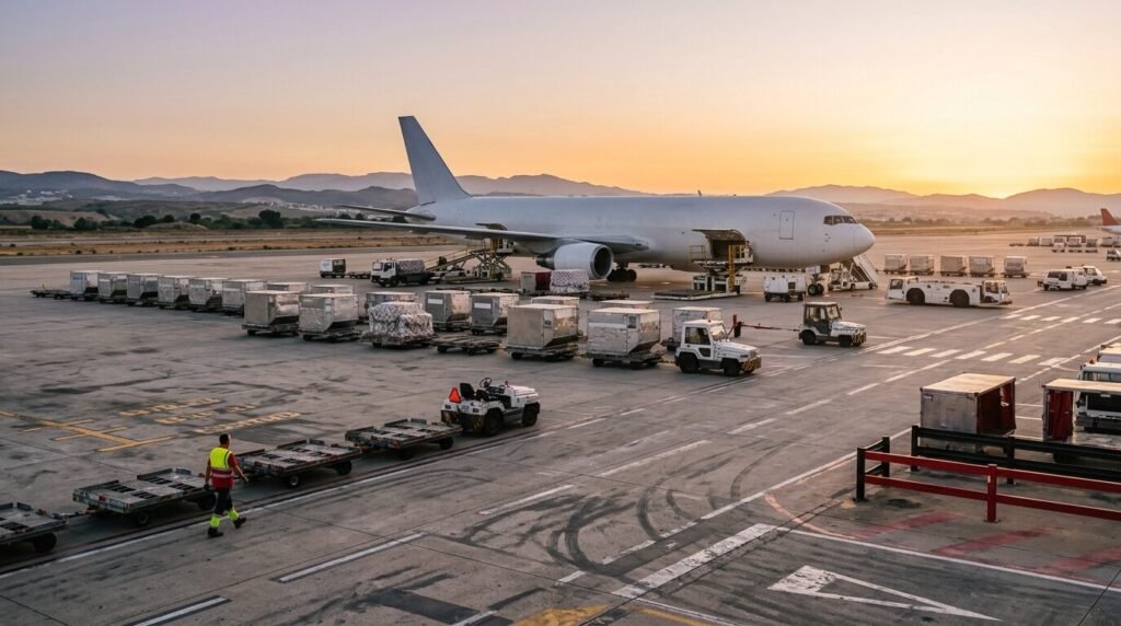 Cargo containers and a plane at an airport at sunset