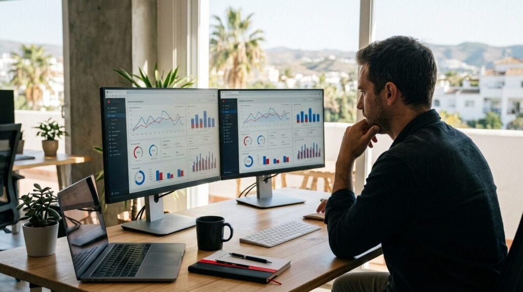 Marketer comparing two ad campaign dashboards on two monitors