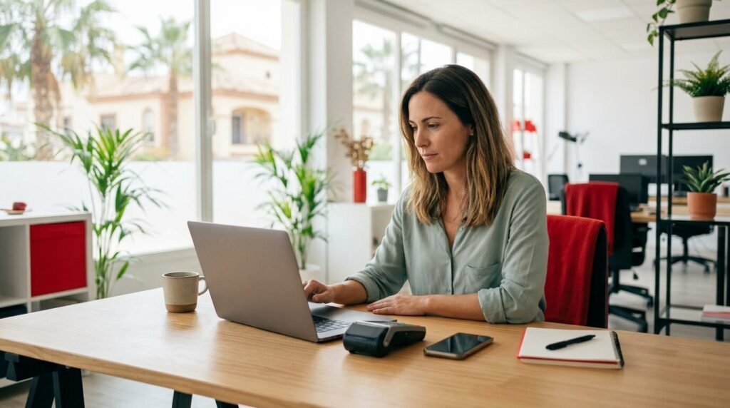 Business owner comparing payment options on a laptop with a card terminal and phone