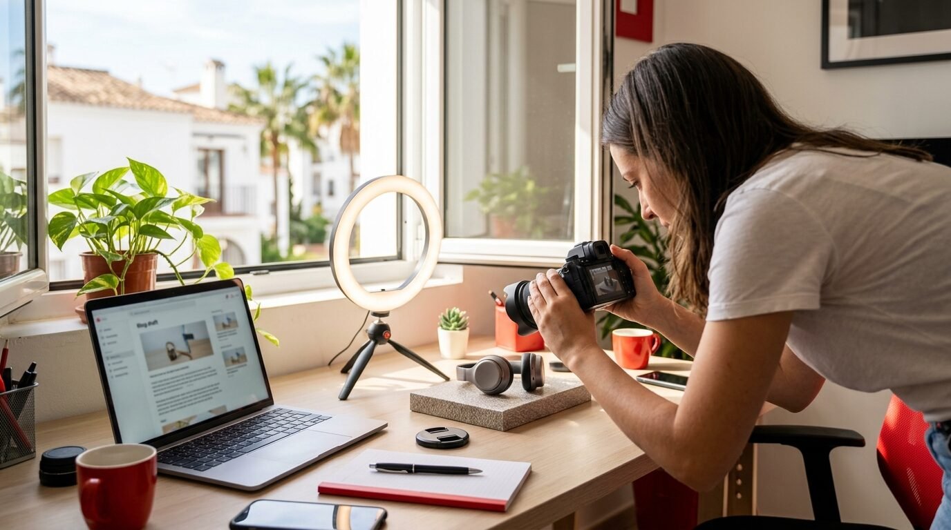 Content creator photographing a product for a review blog at a home desk