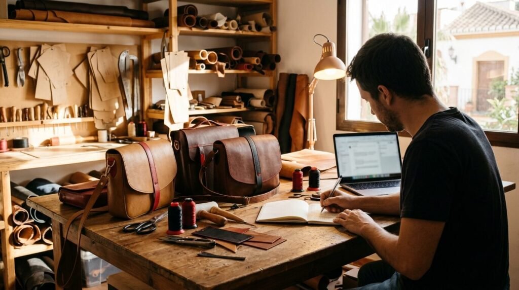 Craftsperson writing notes next to handmade leather bags