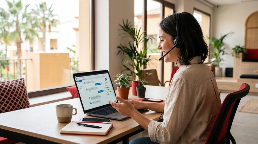 Customer service employee with a headset looking at a customer history on a laptop