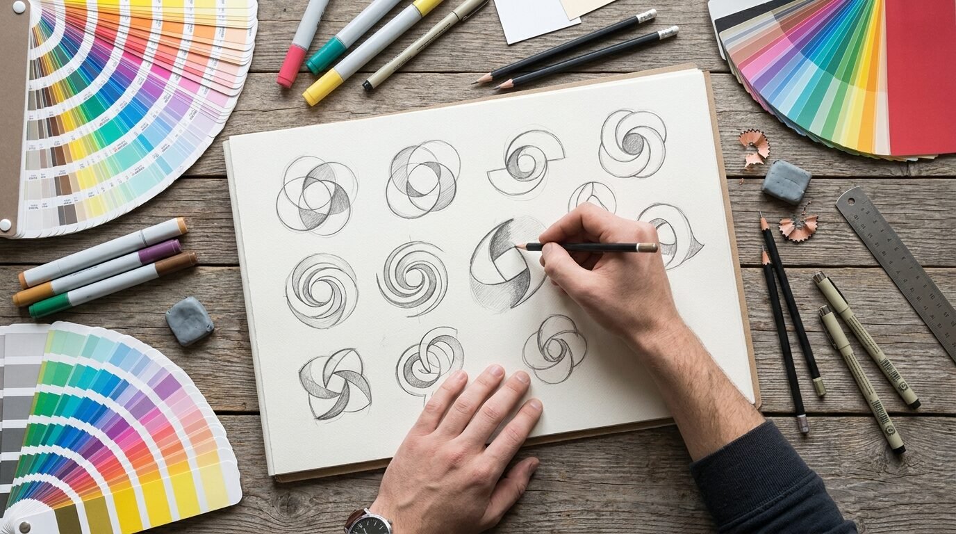 Designer sketching logo shapes with colour swatches