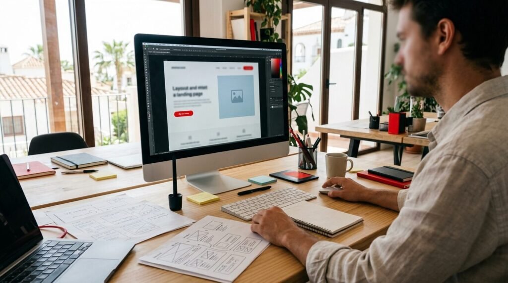 Designer arranging a landing page layout with a big red button on a large monitor