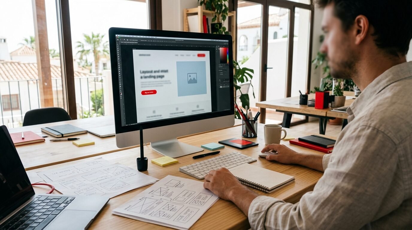 Designer arranging a landing page layout with a big red button on a large monitor