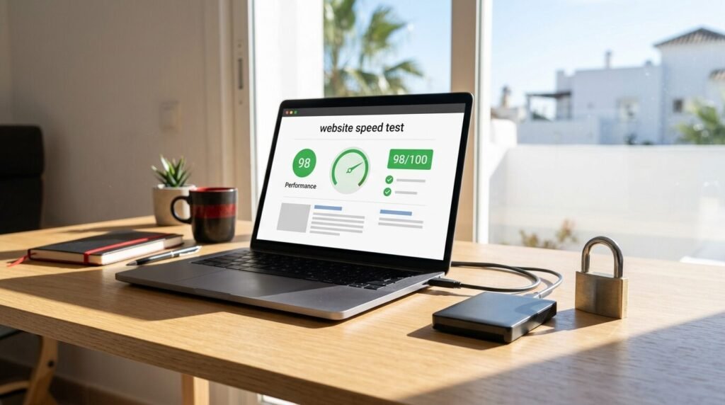 Laptop showing a website speed test with green scores next to a backup drive and a padlock