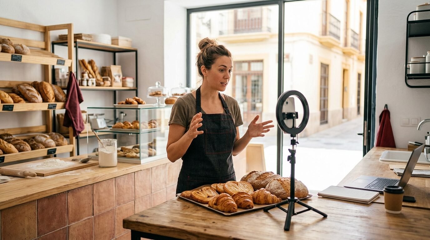 Small business owner filming a short vertical video with a smartphone in a bakery