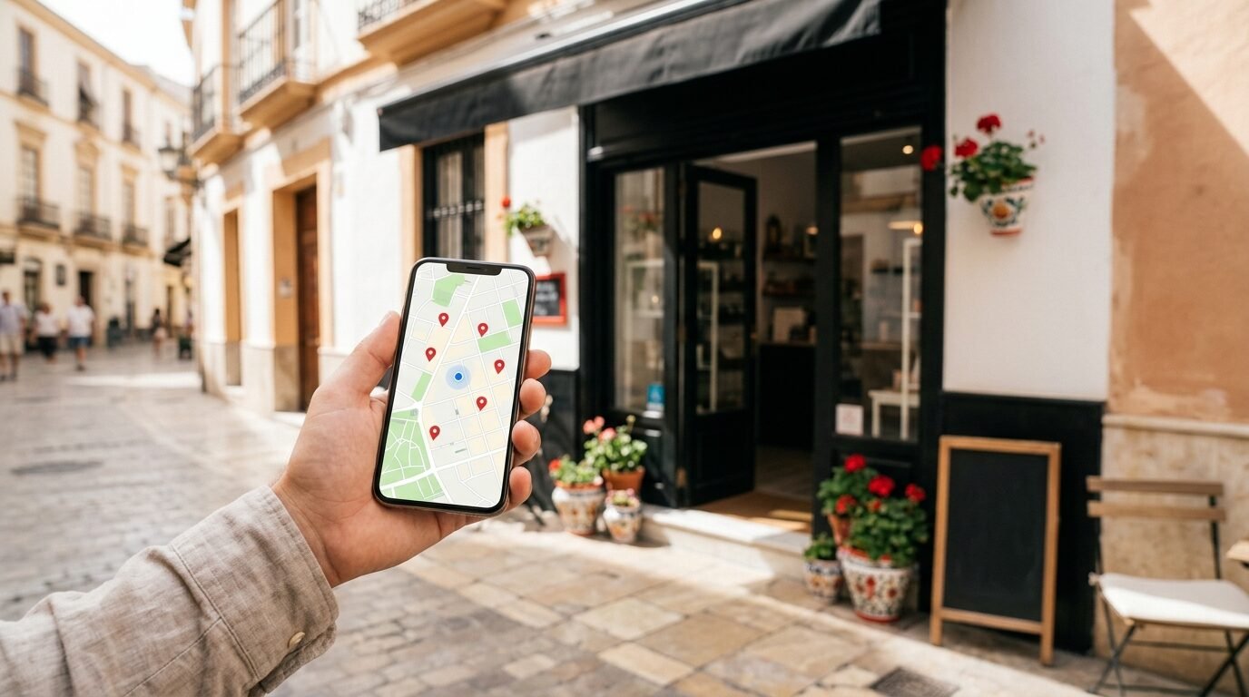 Smartphone showing a map with local business pins in front of a small shopfront