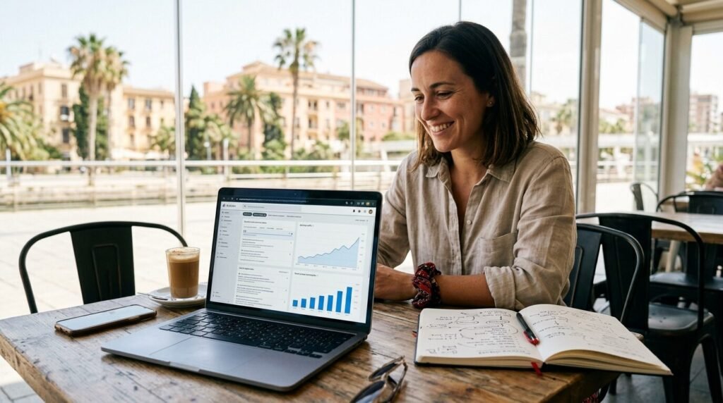 Small business owner looking at growing website traffic on a laptop