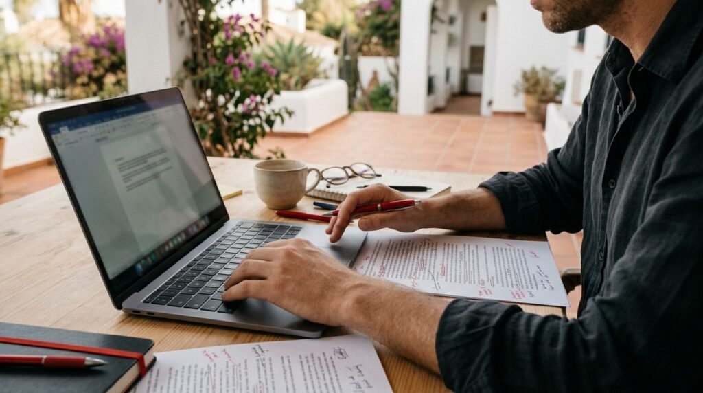 Person editing a text on a laptop next to printed drafts with handwritten corrections