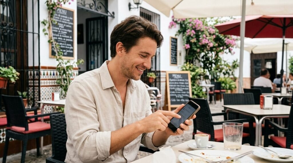 Happy customer leaving a five star review on a smartphone outside a restaurant