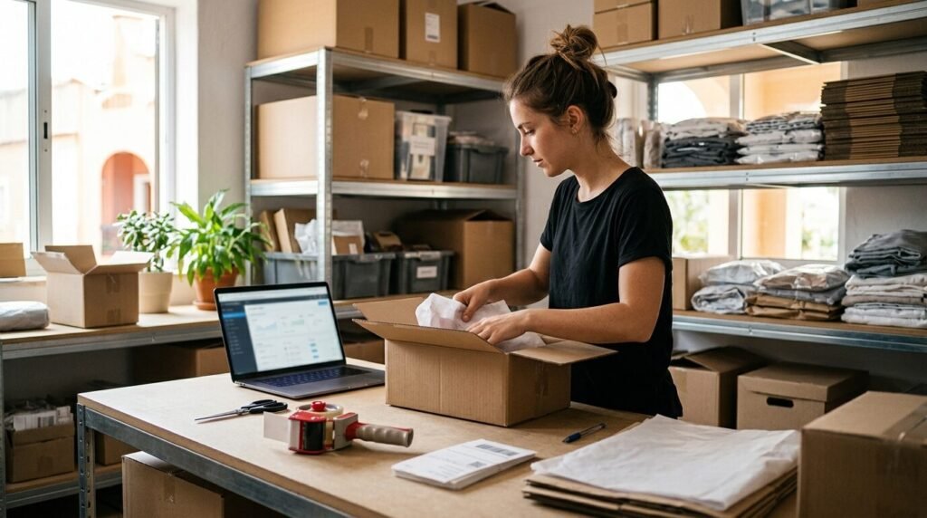 Entrepreneur packing an online order next to a laptop with the shop admin