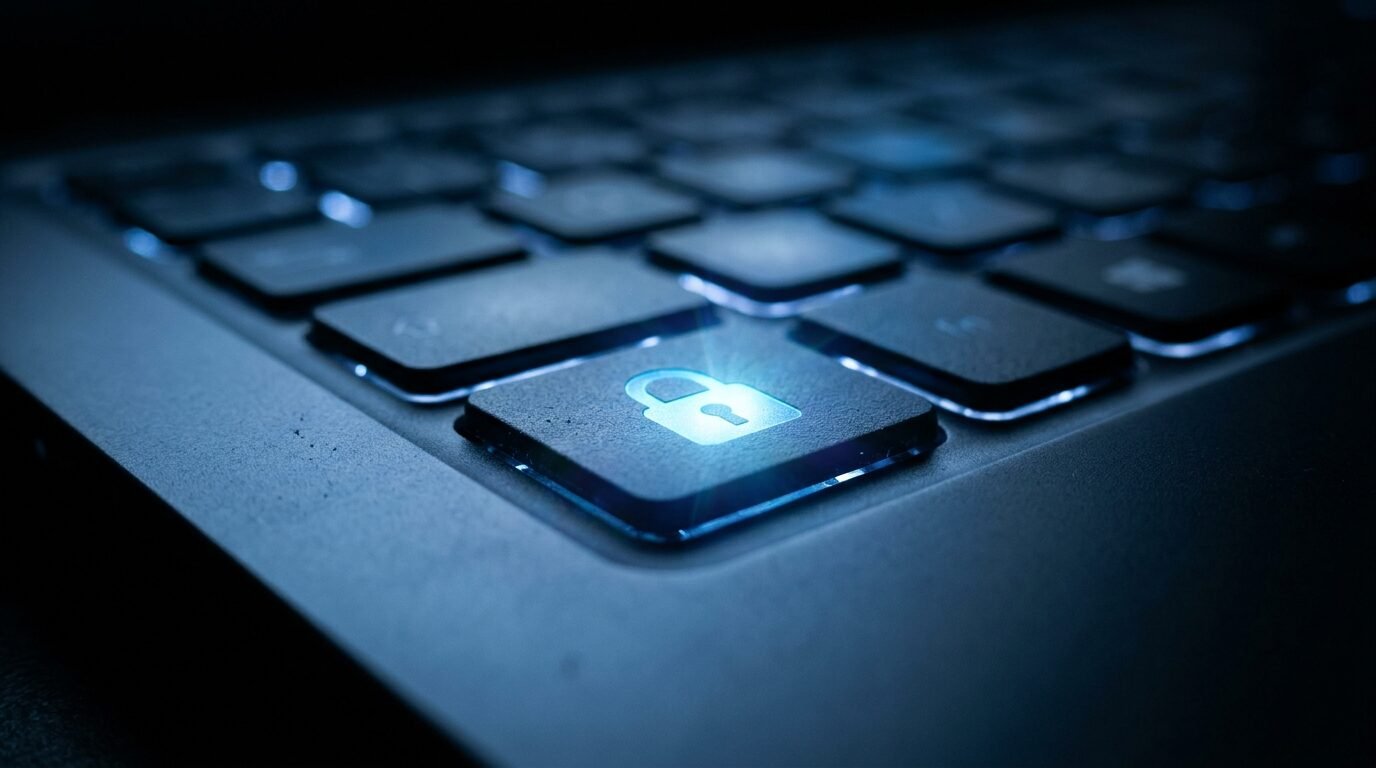 Padlock icon on a laptop keyboard in blue light