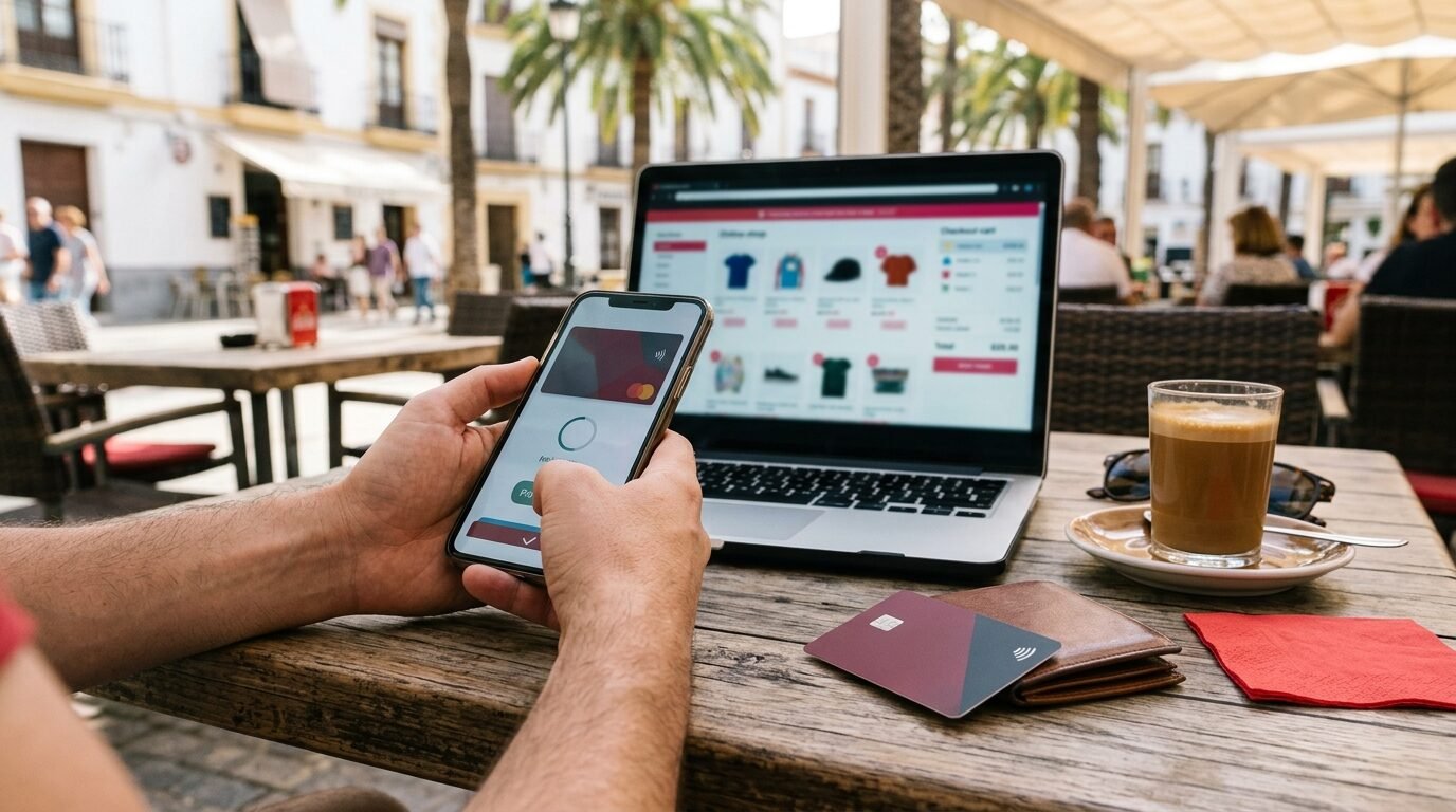 Customer paying in a webshop on a smartphone at a cafe table