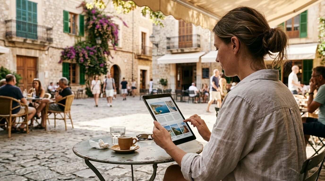 Person reading a local website on a tablet in a town square cafe