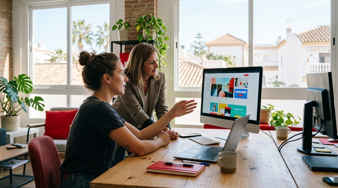 Web designer showing a new website layout to a small business client