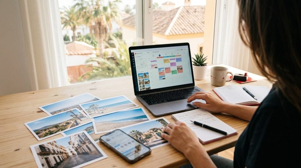 Social media manager planning posts on a calendar on a laptop