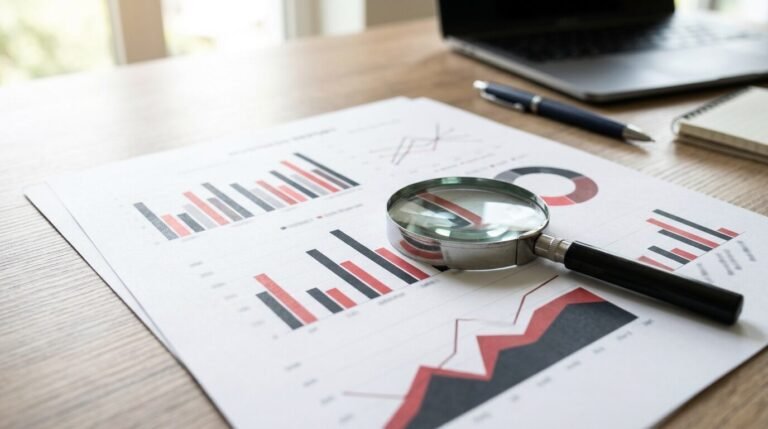 Printed report with bar charts and a magnifying glass