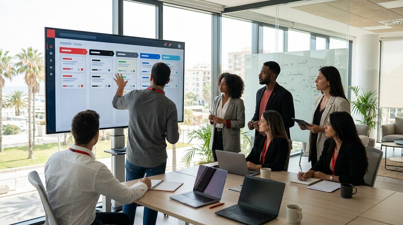 Sales team looking at a pipeline board with customer cards on a large screen