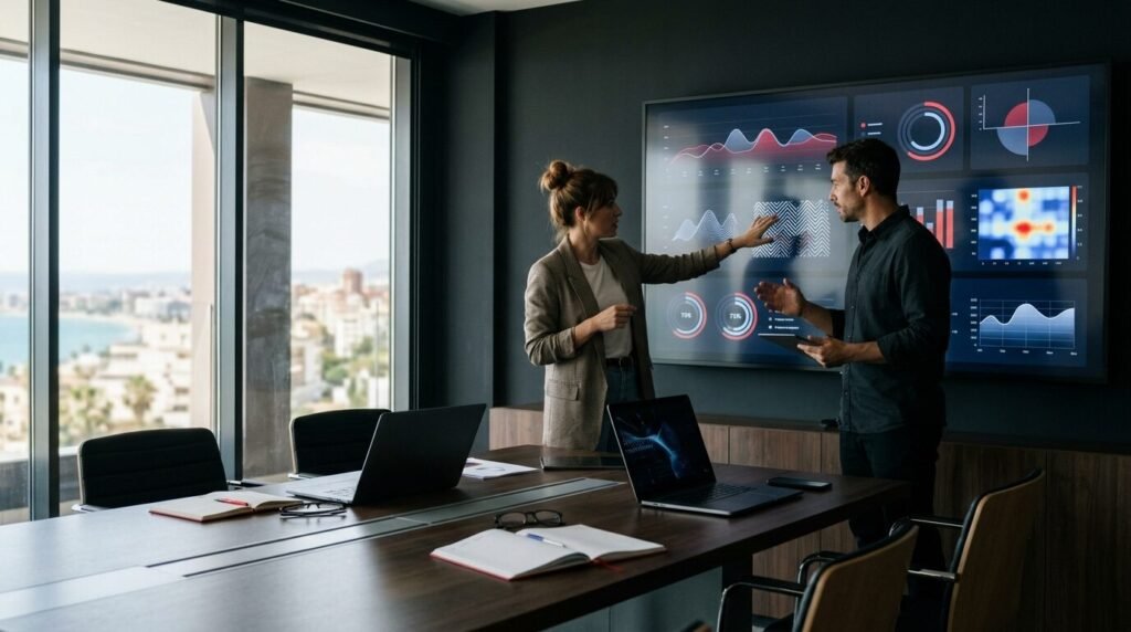 Two analysts discussing data in front of a large screen