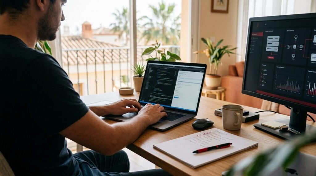 Developer updating a website on a laptop with a checklist on the desk