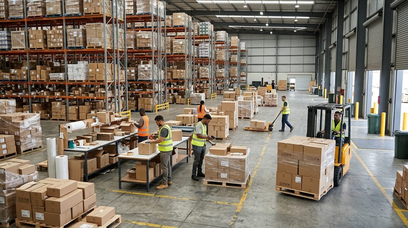 Warehouse with parcels prepared for international shipping