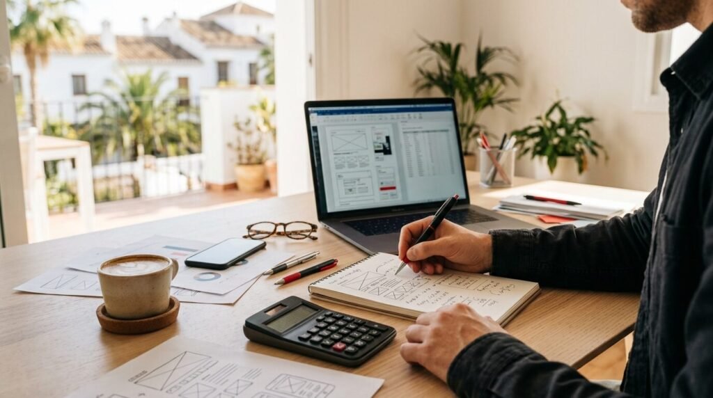 Desk with website wireframes on a laptop, a calculator and a notebook