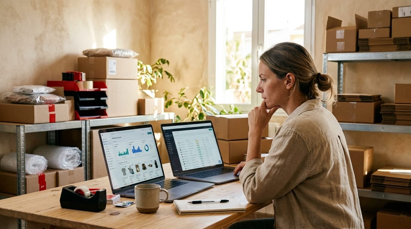 Business owner comparing two online shop dashboards on two laptops