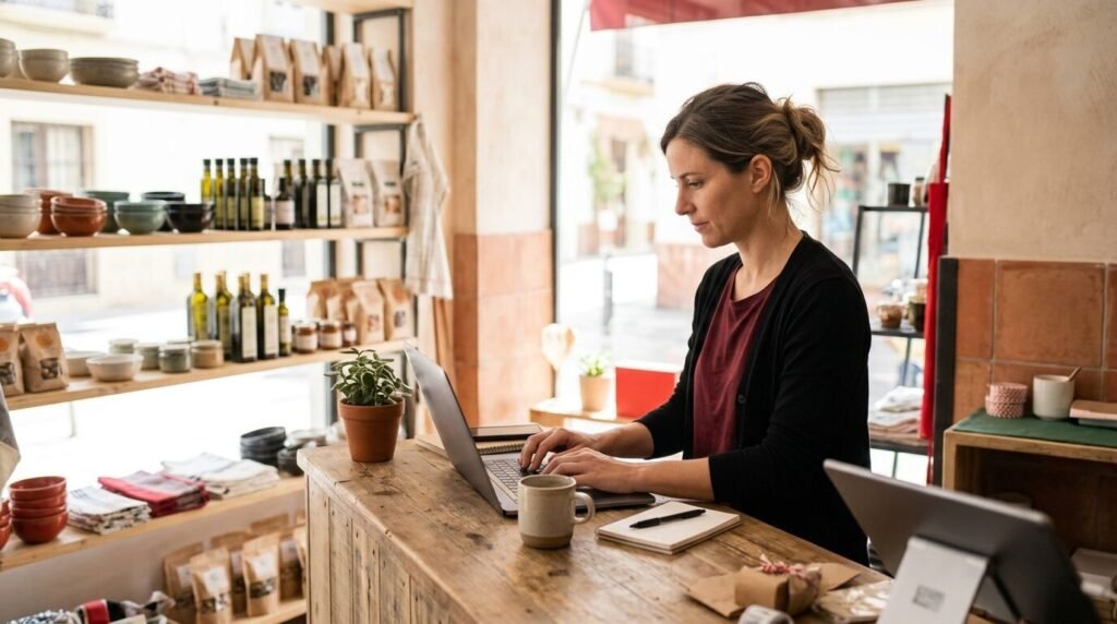Shop owner writing a blog article on a laptop at the shop counter